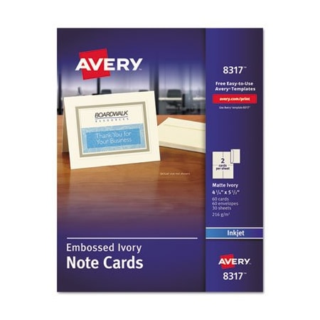 Avery Dennison Avery, Embossed Note Cards, Inkjet, 4 1/4 X 5 1/2, Matte Ivory, 60/pk W/envelopes 8317